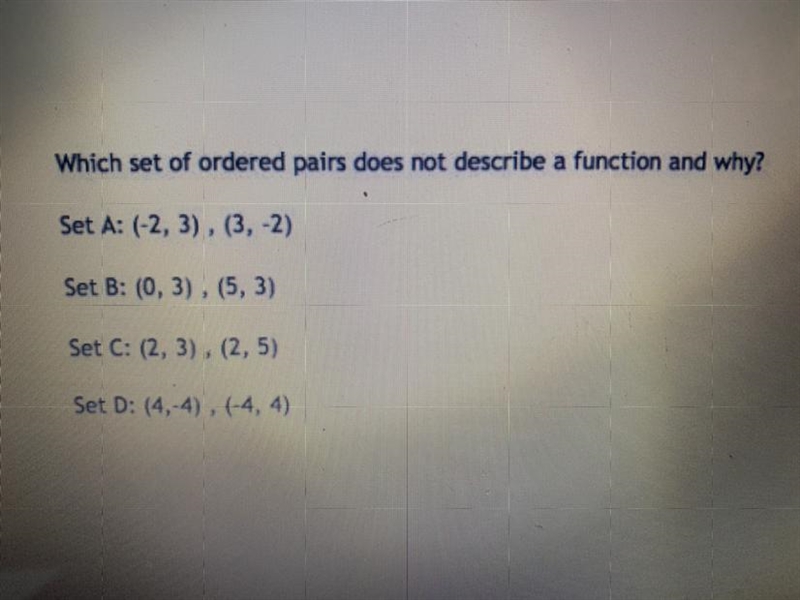 Which set Doesnt describe a function??-example-1