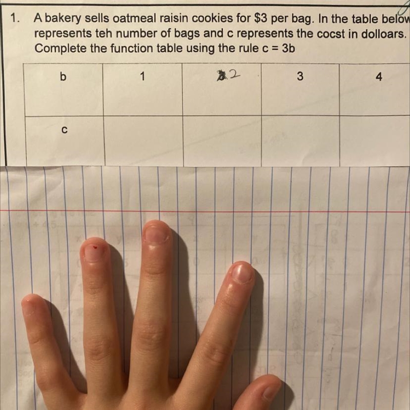 1. A bakery sells oatmeal raisin cookies for $3 per bag. In the table below b represents-example-1