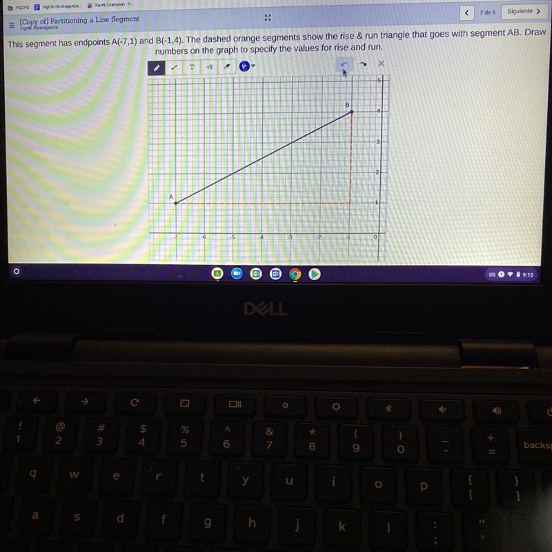 This segment has endpoints A(-7,1) and B(-1,4). The dashed orange segments show the-example-1