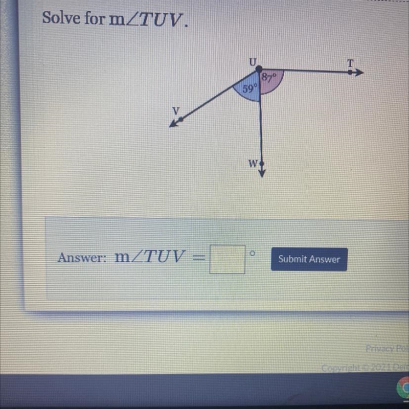 Solve for mZTUV. U T 87° 59° V W-example-1