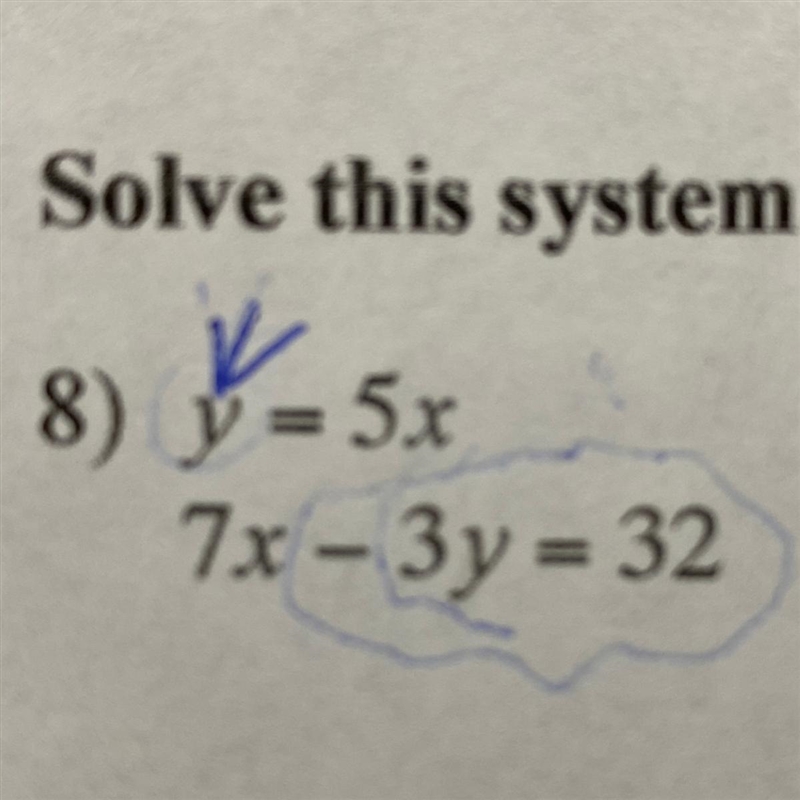 Solve this system using substitution: y=5x and 7x-3y=32-example-1