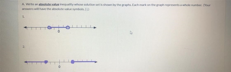 Write an absolute value inequality whose solution is set by the graphs.-example-1