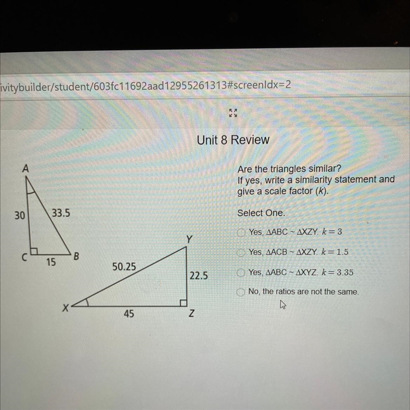 Are the triangles similar? If yes, write a similarity statement and give a scale factor-example-1