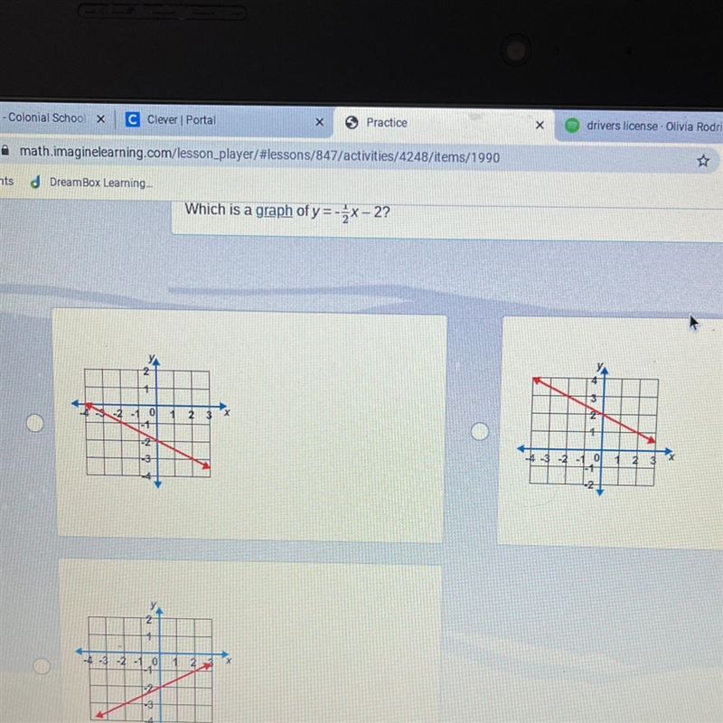 Which is a graph of y=-1/2x- 2?-example-1