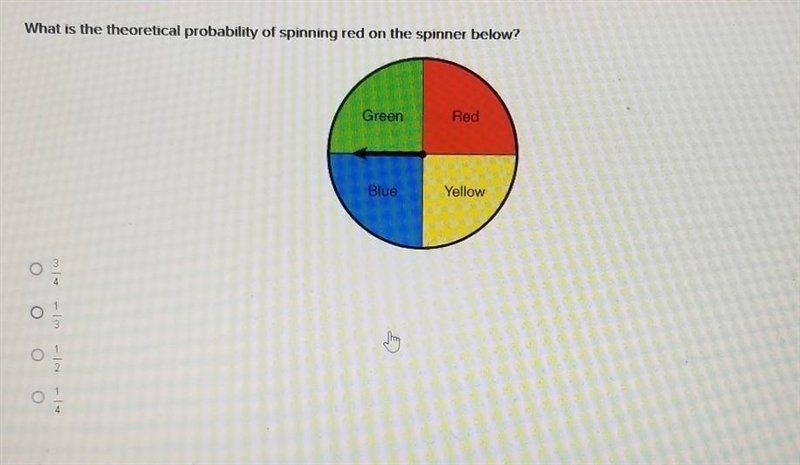 20pts plz hurry What is the theoretical probability of spinning red on the spinner-example-1