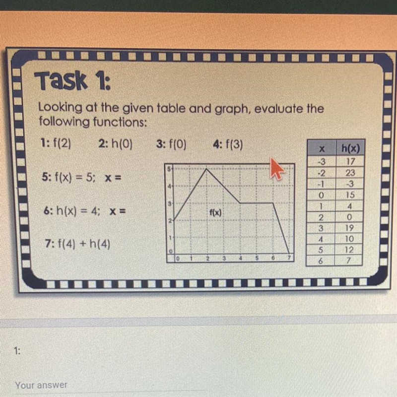 Task 1: Looking at the given table and graph, evaluate the following functions: 1: f-example-1