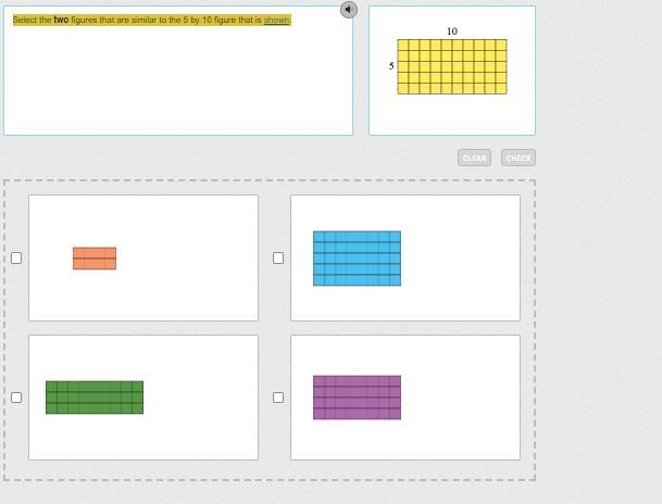 Select the two figures that are similar to the 5 by 10 figure that is shown. help-example-1