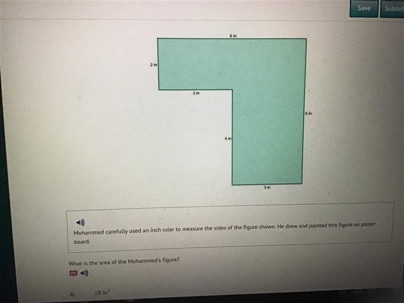 Help me pleaseeeeeeeeeee Answer options A.18 in2 B. 24 in2 C. 30 in2 D.36 in2-example-1