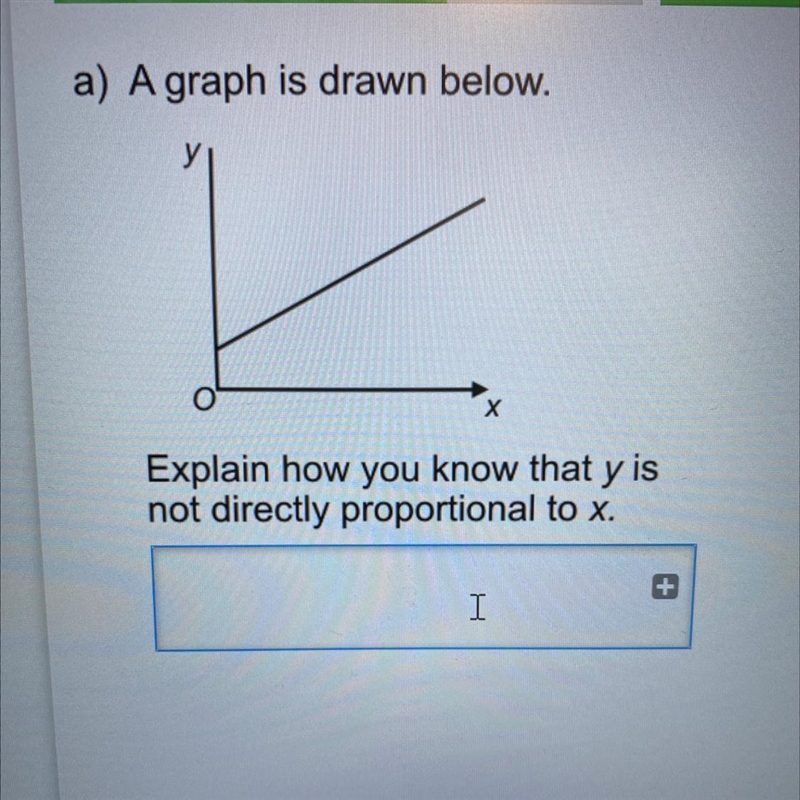 A) A graph is drawn below. у Explain how you know that y is not directly proportional-example-1