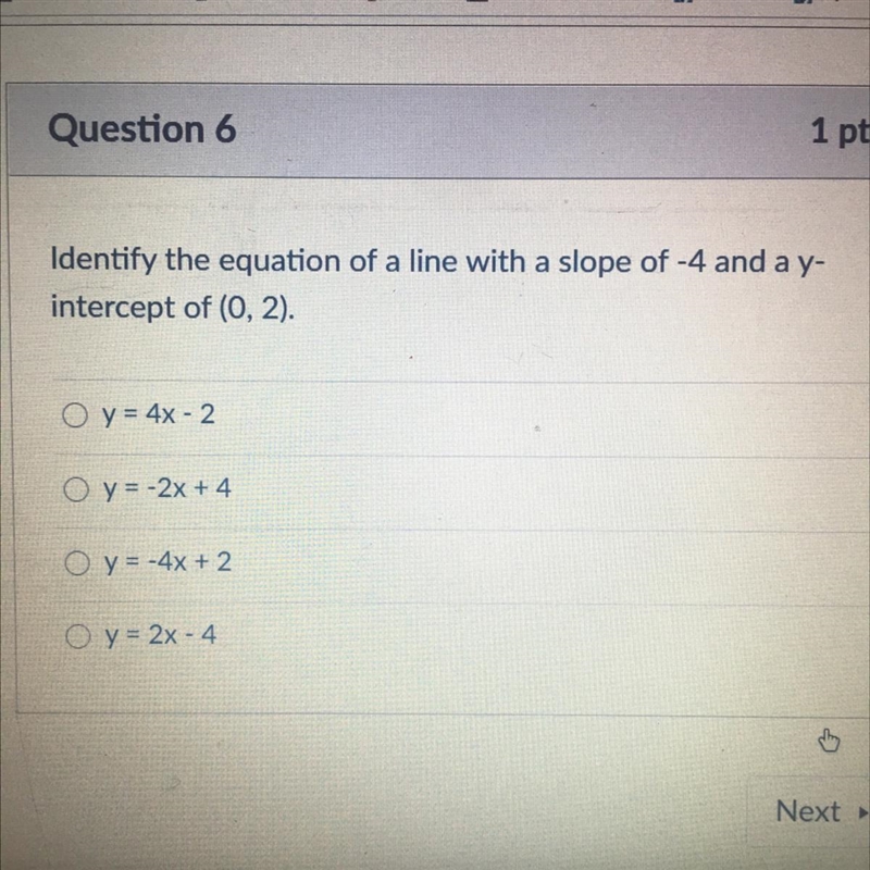 Identify the equation of a line with a slope of -4 and a y- intercept of (0, 2).-example-1