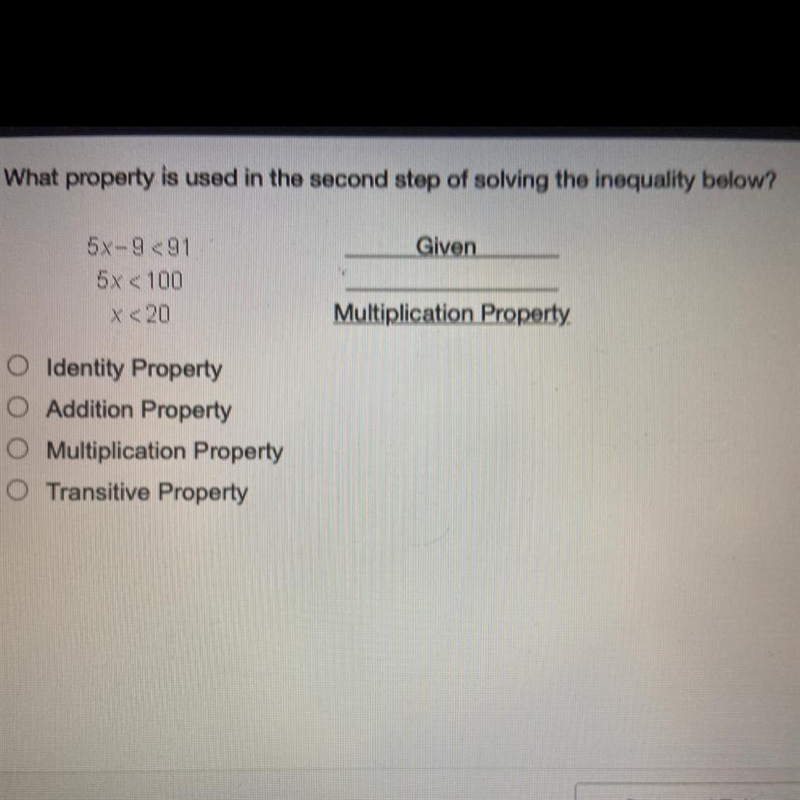 What property is used in the second step of solving the inequality below? Given 5x-example-1