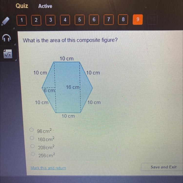 What is the area of this composite figure? 10 cm 10 cm 10 cm 16 cm 6 cm 10 cm 10 cm-example-1