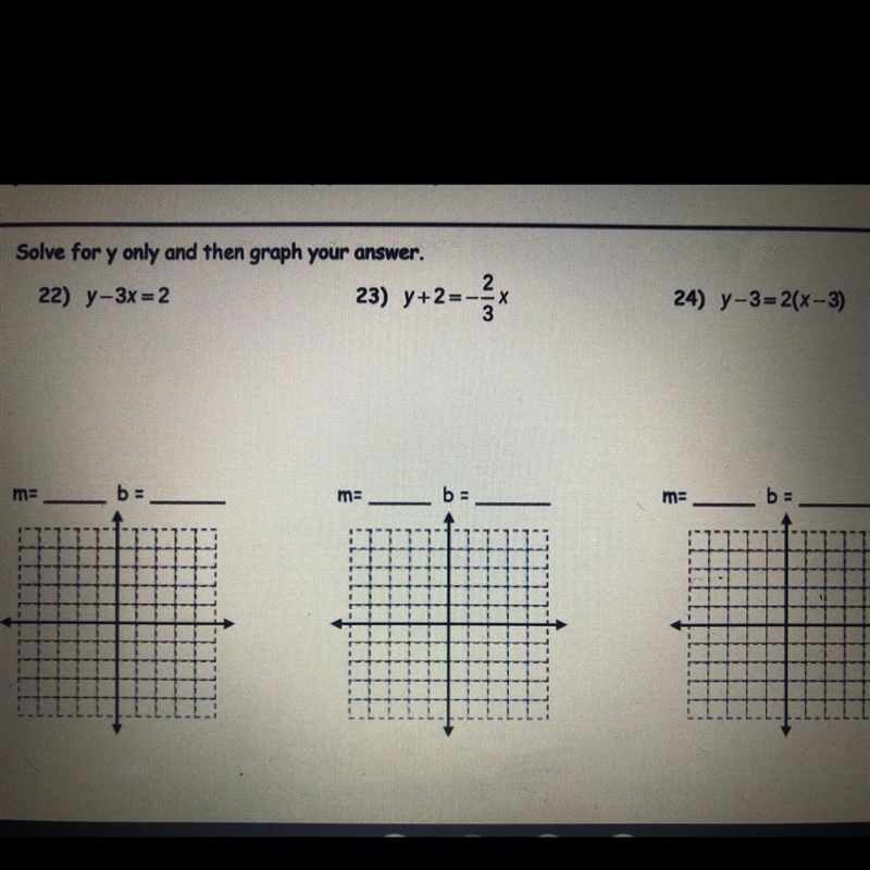 Solve for y only and then graph your answer. 1) y-3x=2 2) y+2=-2/3x 3) y-3=2(x-3)-example-1