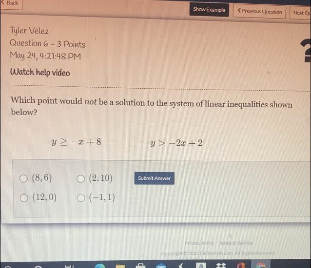 Which point would NOT be a solution to the system of linear inequalities shown below-example-1