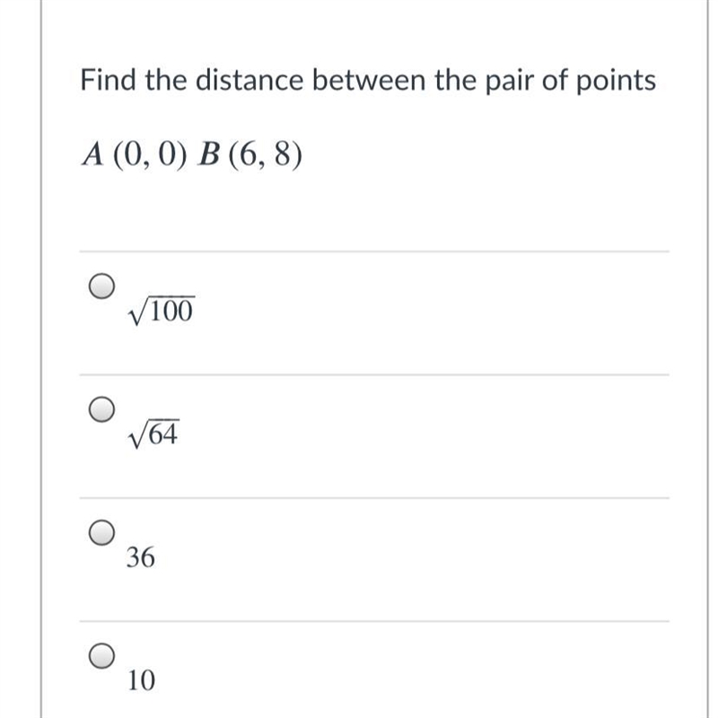 Find the distance between the pair of points (0,0)(6,8)-example-1