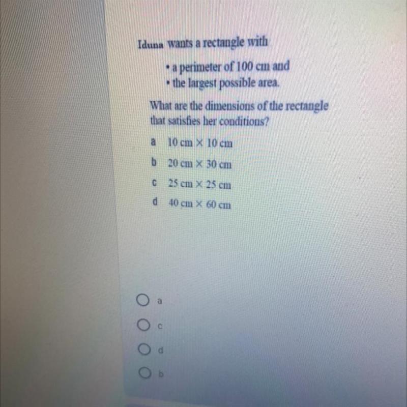 Help? please a perimeter of 100cm and the largest possible area-example-1