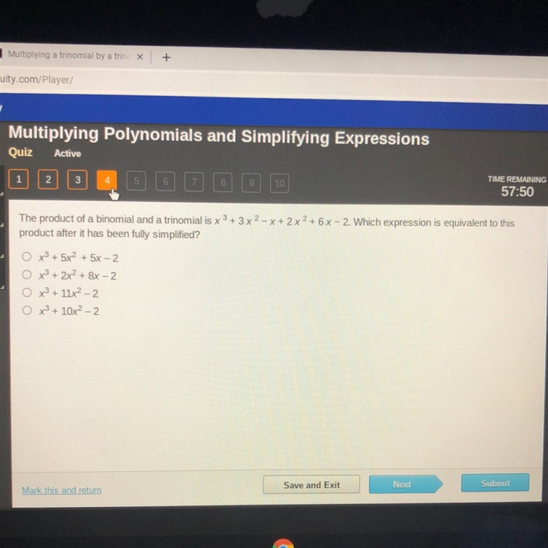 The product of a binomial and a trinomial is x3+3x2-x+2x2+6x-2 Which expression is-example-1