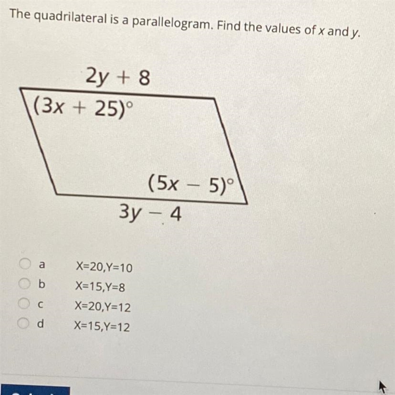 HELPPP A. X=20, y=10 B. X=15, y=8 C. X=20, y=12 D. X=15, y=12-example-1