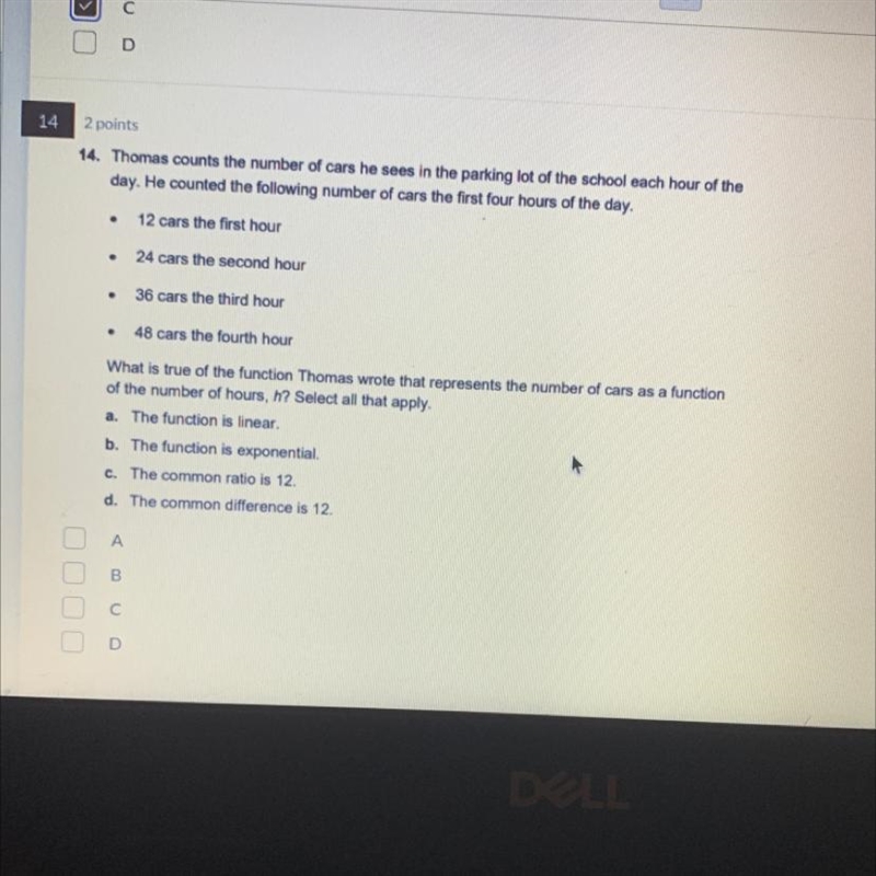 14. Thomas counts the number of cars he sees in the parking lot of the school each-example-1