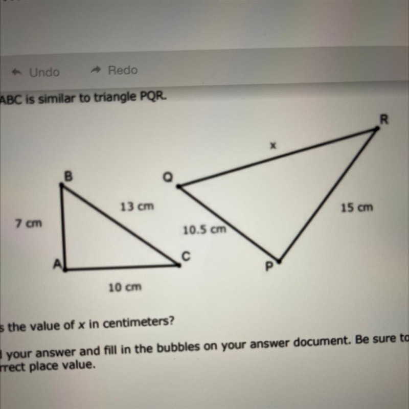 Triangle ABC is similar to Triangle PQR what is the value of X in centimeters-example-1