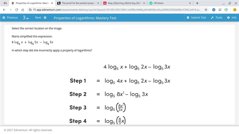 Marta simplified this expression. In which step did she incorrectly apply a property-example-1