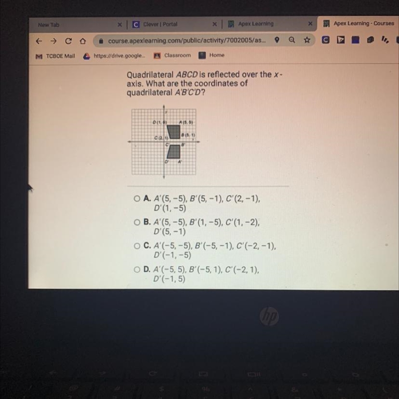 Quadrilateral ABCD is reflected over the X-axis . What are the coordinates of quadrilateral-example-1