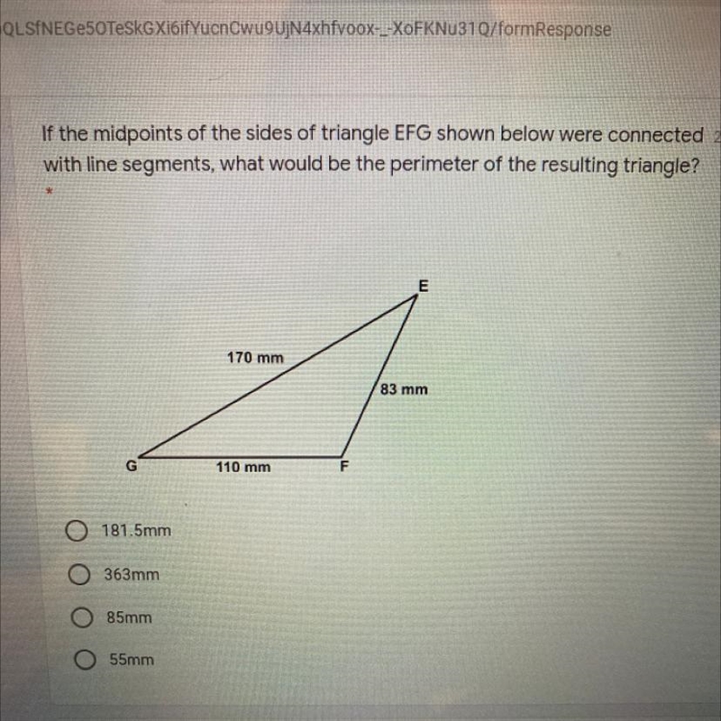 If the midpoints of the sides of triangle EFG shown below were connected with line-example-1