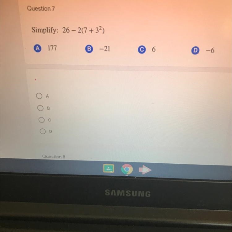 Simplify: 26 - 2(7 + 3^2) please answer with one of the options below:)-example-1