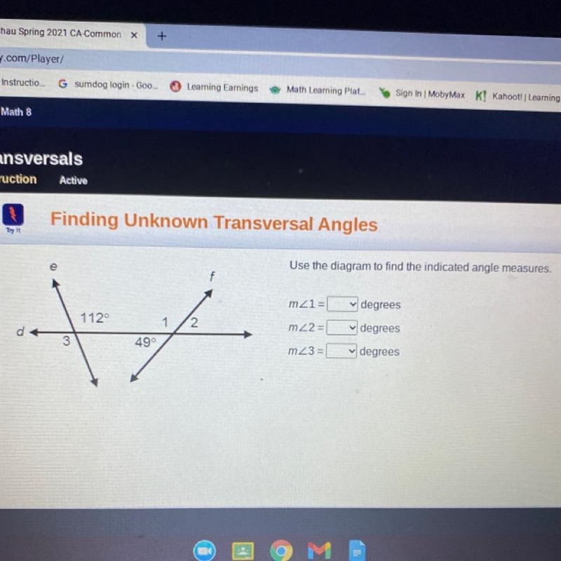 E Use the diagram to find the indicated angle measures. m21 = degrees 1120 1 2 d m-example-1