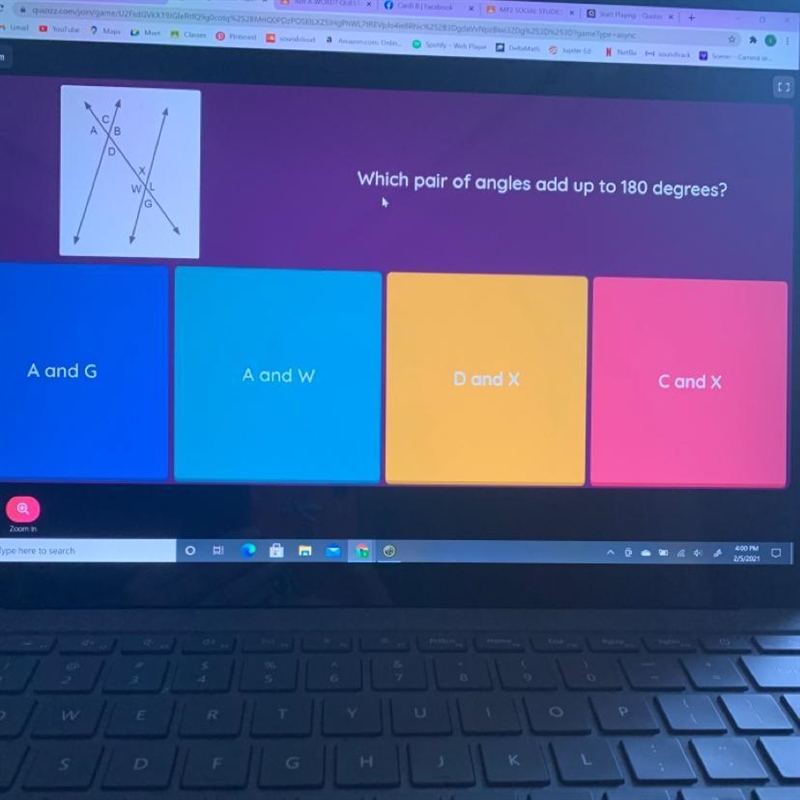 Which pair of angles add up to 180 degrees?-example-1