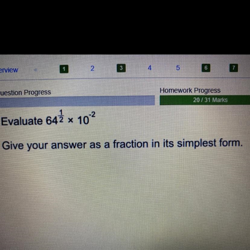 Evaluate 64^1/2x 10^-2 Give your answer as a fraction in its simplest form.-example-1