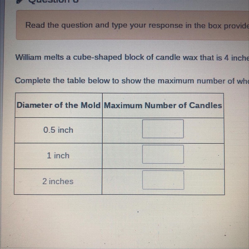 William melts a cube-shaped block of candle wax that is 4 inches on each side. He-example-1