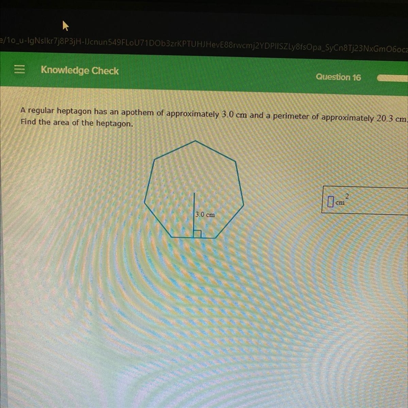 HELP NEEDED!!! What is the area of the heptagon with the radius of 3.0cm and a perimeter-example-1