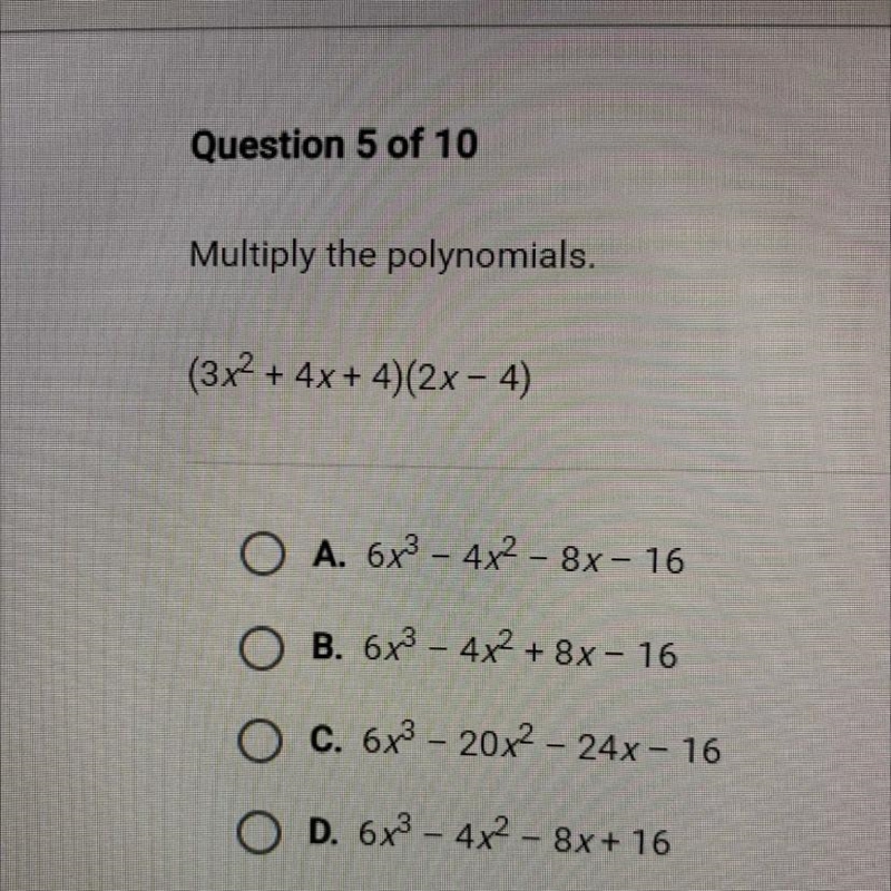 Multiply the polynomials. (3x+4x+ 4)(2x - 4)-example-1