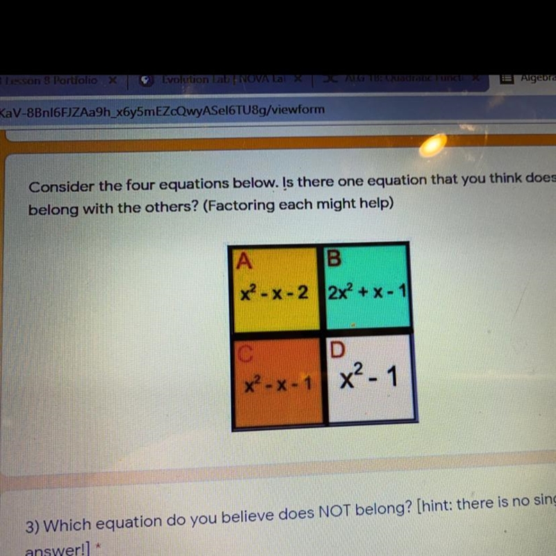 Consider the four equations below. Is there one equation that you think doesn't belong-example-1