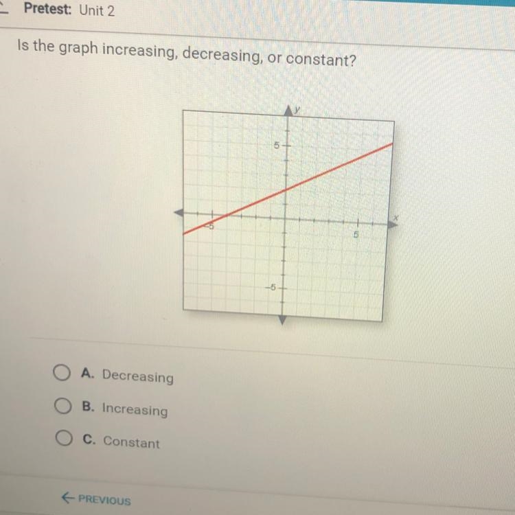 Is the graph increasing, decreasing, or constant? O A. Decreasing ООО B. Increasing-example-1