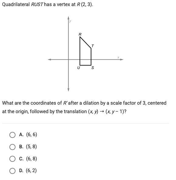 Quadrilateral RUST has a vertex at R(2,3). What are the coordinates of R' after dilation-example-1