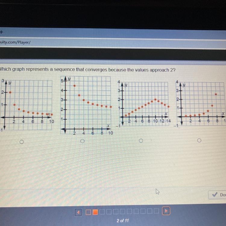 Which graph represents a sequence that converges because the values approach 2?-example-1