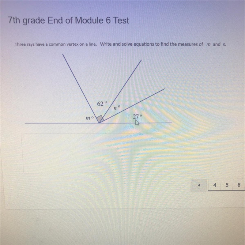 Three rays have a common vertex on a line. Write and solve equations to find the measures-example-1