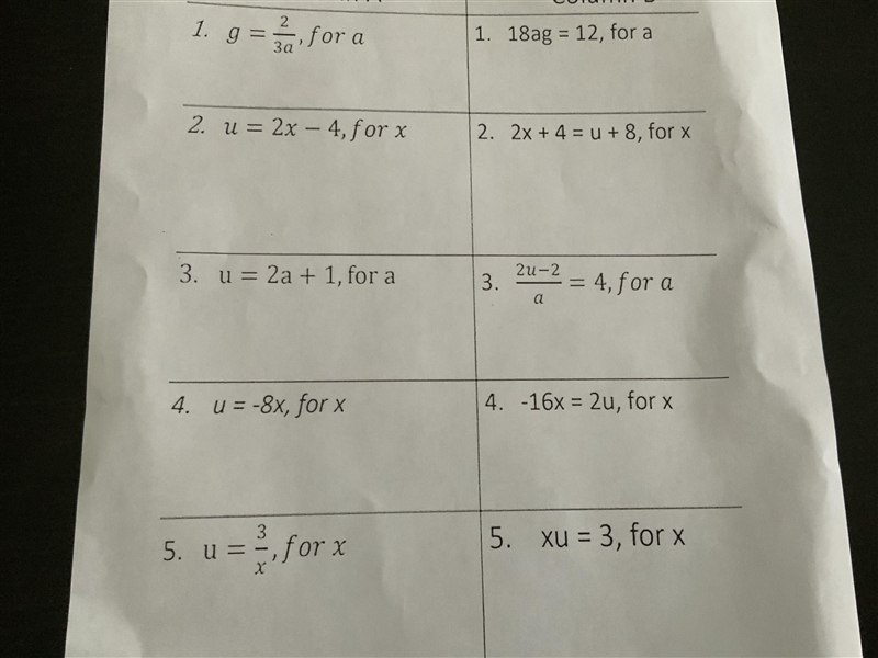 G=2/3a solve for a 18ag=12 solve for a U=2x—4 solve for x 2x+4=u+8 solve for x-example-1