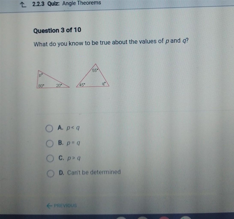 What do you know to be true about the values of p and q? 55° 80° A. p < q B. p-example-1