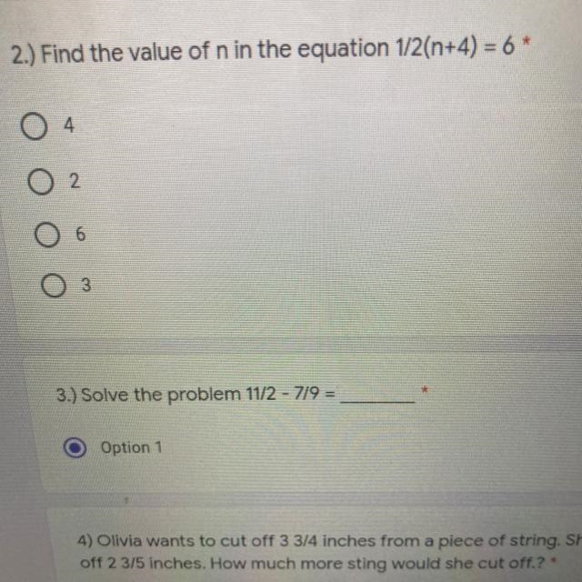 2.) Find the value of n in the equation 1/2(n+4) = 6 *-example-1