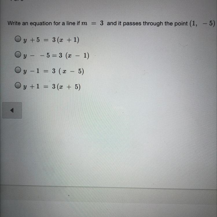 Write an equation for a line if m 3 and it passes through the point (1, -5).-example-1