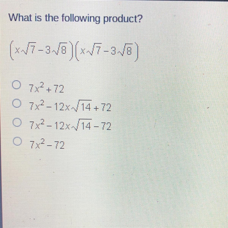 What is the following product? (x√7-3√8)(x√7-3√8)-example-1