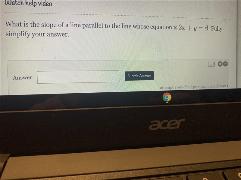 The slope of a line parallel to the line who is the equation 2x + y = 6-example-1