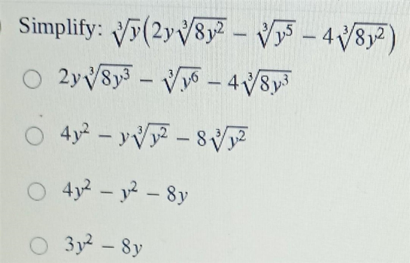 Simplify: 7(2y8y? - Vy5 - 4782) o 21/83 - V7 4/87 0 47 - VF - SP O 45 - p - sy 37 – 3y-example-1