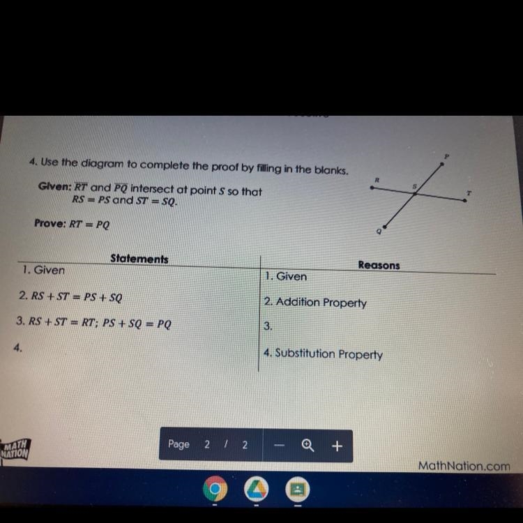 4. Use the diagram to complete the proof by filling in the blanks. Given: RT and PQ-example-1