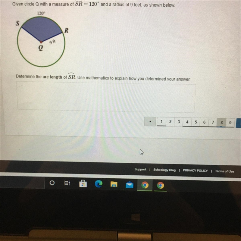 Given circle Q with a measure of SR=120° and a radius of 9 feet, as shown below. Determine-example-1