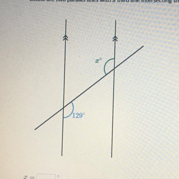 Below are two parallel lines with a third line intersecting them￼ X=|____|°-example-1