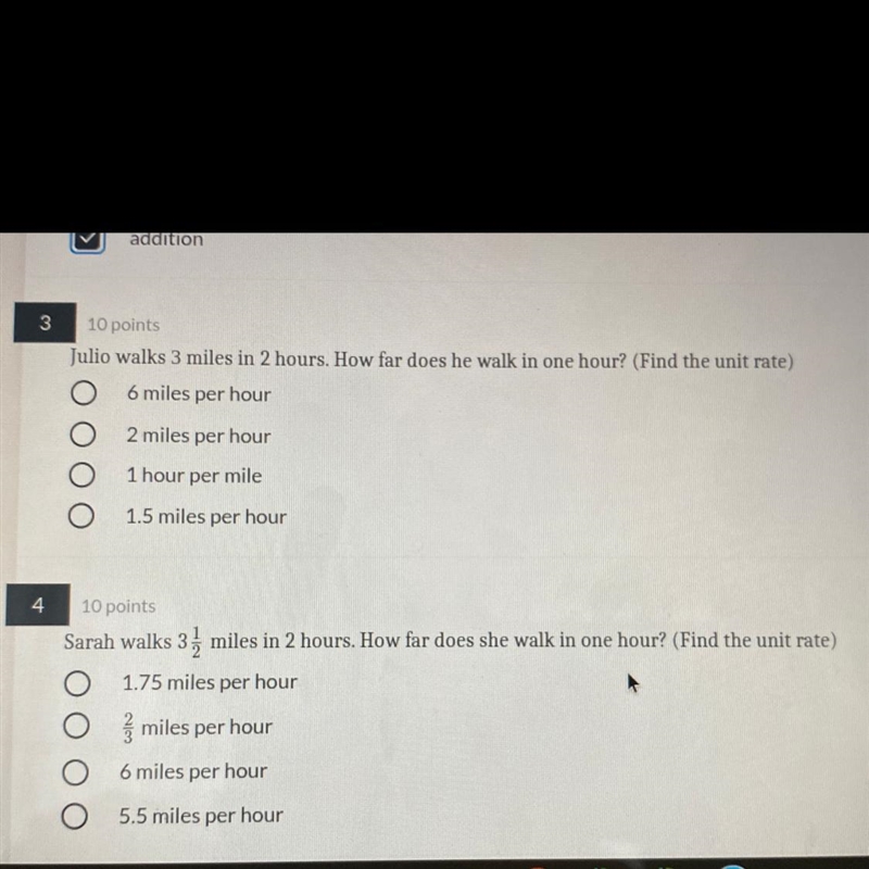 Julio walks 3 miles in 2 hours. How far does he walk in one hour? (Find unit rate-example-1